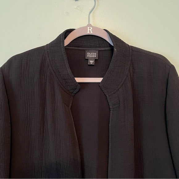 Eileen Fisher Jacket Black Long Open Front Crinkle Texture Silk Blend Sz M EUC - Picture 3 of 10